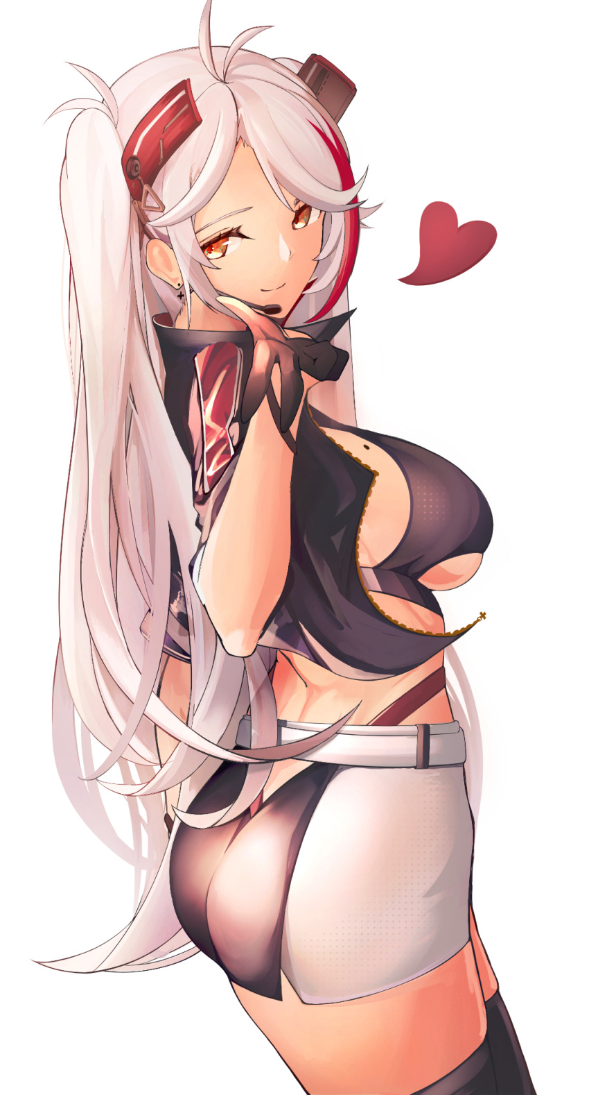 1girl ass azur_lane belt black_skirt breasts clothing_cutout cropped_shirt earpiece earrings from_side gloves half_gloves headgear heart highres jacket jewelry large_breasts long_hair microskirt midriff mole mole_on_breast multicolored_hair official_alternate_costume open_clothes open_jacket panties panty_straps prinz_eugen_(azur_lane) prinz_eugen_(final_lap)_(azur_lane) purple_jacket racequeen red_panties redhead simple_background skirt solo standing streaked_hair tan thigh-highs two-tone_hair two-tone_skirt under_boob underboob_cutout underwear very_long_hair white_background white_belt white_hair white_skirt yellow_eyes yusha_m zettai_ryouiki