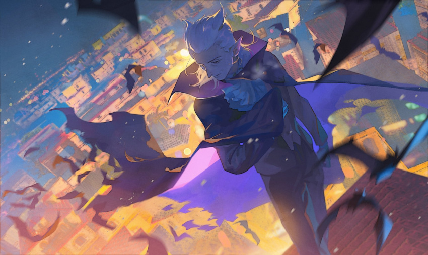 1boy ascot bat cape character_request closed_mouth copyright_request high_collar highres jacket male_focus meipu_hm pants pointy_ears purple_jacket scenery solo standing town vampire white_hair white_neckwear