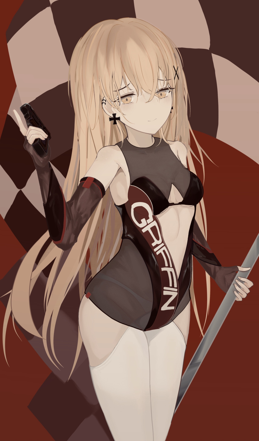 1girl absurdres bangs black_bra black_gloves blonde_hair bra breasts closed_mouth cross cross_earrings earrings elbow_gloves eye_piercing eyebrows_visible_through_hair feet_out_of_frame fingerless_gloves flag girls_frontline gloves gun hair_between_eyes hair_ornament hairclip handgun highres holding holding_flag holding_gun holding_weapon jewelry long_hair looking_at_viewer mimi_ari_mimi_nashi_mimi_mimi ppk_(girls'_frontline) racequeen simple_background small_breasts smile solo standing underwear weapon yellow_eyes