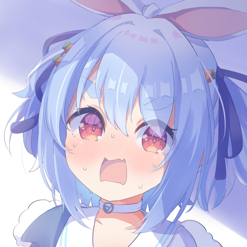 1girl absurdres animal_ears bangs blue_hair blue_ribbon blush bunny-shaped_pupils carrot_hair_ornament choker collarbone commentary_request eyes_visible_through_hair food-themed_hair_ornament hair_between_eyes hair_ornament hair_ribbon highres hololive looking_at_viewer medium_hair multicolored_hair nananana_(nana_hololive) nose_blush official_alternate_costume open_mouth orange_eyes portrait rabbit_ears rabbit_girl ribbon shade shiny shiny_hair short_eyebrows short_twintails sidelocks solo surprised sweat symbol-shaped_pupils thick_eyebrows twintails two-tone_hair usada_pekora virtual_youtuber white_choker white_hair