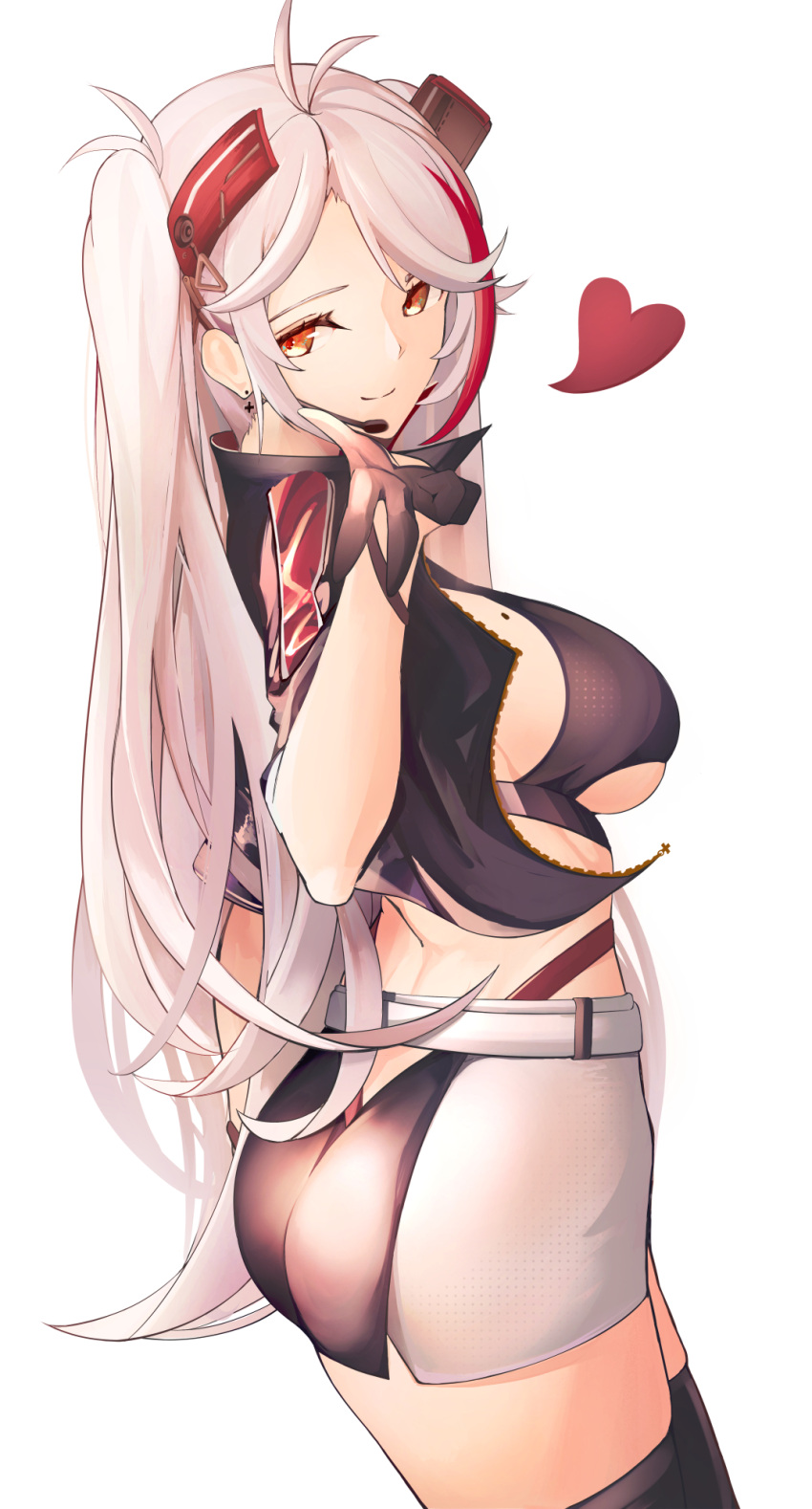 1girl ass azur_lane belt black_skirt breasts clothing_cutout cropped_shirt earpiece earrings from_side gloves half_gloves headgear heart highres jacket jewelry large_breasts long_hair microskirt midriff mole mole_on_breast multicolored_hair official_alternate_costume open_clothes open_jacket panties panty_straps prinz_eugen_(azur_lane) prinz_eugen_(final_lap)_(azur_lane) purple_jacket racequeen red_panties redhead simple_background skirt solo standing streaked_hair thigh-highs two-tone_hair two-tone_skirt under_boob underboob_cutout underwear very_long_hair white_background white_belt white_hair white_skirt yellow_eyes yusha_m zettai_ryouiki