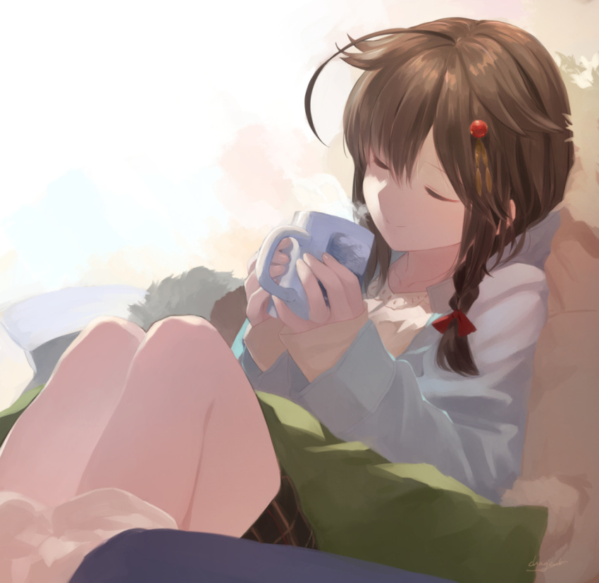 1girl ahoge bangs braid brown_hair chagen_kokimu closed_eyes commentary_request cup hair_between_eyes hair_flaps hair_ornament hair_ribbon hat hat_removed headwear_removed holding holding_cup jacket kantai_collection long_hair long_sleeves mug open_clothes open_jacket red_ribbon remodel_(kantai_collection) ribbon shigure_(kancolle) shirt signature simple_background single_braid sitting smile solo steam white_jacket yellow_shirt
