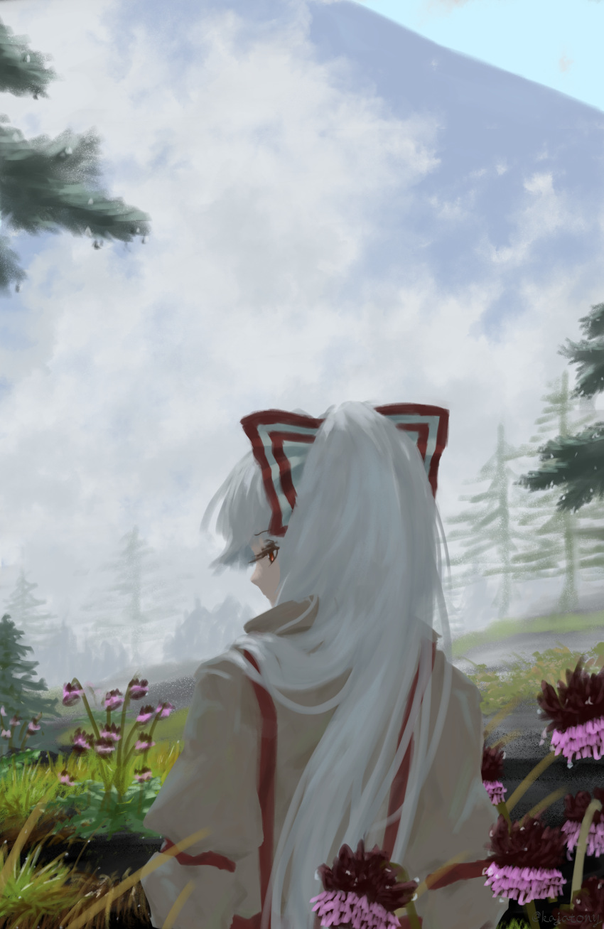 1girl absurdres bangs blunt_bangs bow clouds cloudy_sky collar collared_shirt commentary eyebrows_visible_through_hair flower flower_request from_behind fujiwara_no_mokou grass hair_bow highres kajatony long_hair long_sleeves looking_to_the_side mountain multicolored_bow multicolored_clothes multicolored_flower pine_tree pink_flower ponytail puffy_long_sleeves puffy_sleeves red_bow red_eyes red_flower scenery shirt sky solo standing suspenders touhou tree very_long_hair white_bow white_hair white_shirt