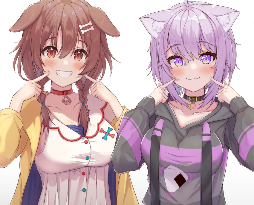 2girls :3 ahoge animal_collar animal_ear_fluff animal_ears bangs black_collar black_hoodie blush bone_hair_ornament braid breasts brown_eyes brown_hair buttons cat_ears cat_girl collar collarbone dog_ears dog_girl drawstring dress eyebrows_visible_through_hair fingers_to_cheeks grin hair_ornament heart highres hololive hood hood_down hoodie inugami_korone jacket large_breasts long_hair long_sleeves low_twin_braids multiple_girls nekomata_okayu onigiri_print purple_hair red_collar short_hair simple_background sleeveless sleeveless_dress sleeves_past_wrists smile suicabar72 teeth twin_braids upper_body violet_eyes virtual_youtuber white_background white_dress yellow_jacket