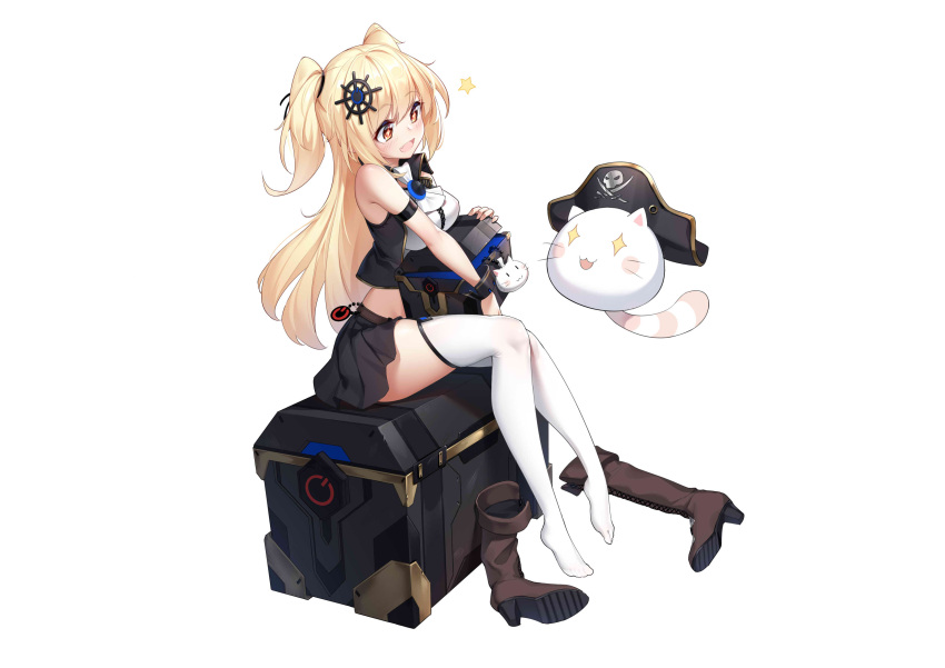 +_+ 1girl :d absurdres arm_strap bare_shoulders black_skirt black_vest blonde_hair boots boots_removed breasts crop_top highres k.t.cube long_hair medium_breasts midriff miniskirt original pleated_skirt red_eyes revealing_clothes shirt simple_background sitting skirt sleeveless sleeveless_shirt smile solo sparkling_eyes thigh-highs treasure_chest two_side_up vest white_background white_legwear white_shirt zettai_ryouiki