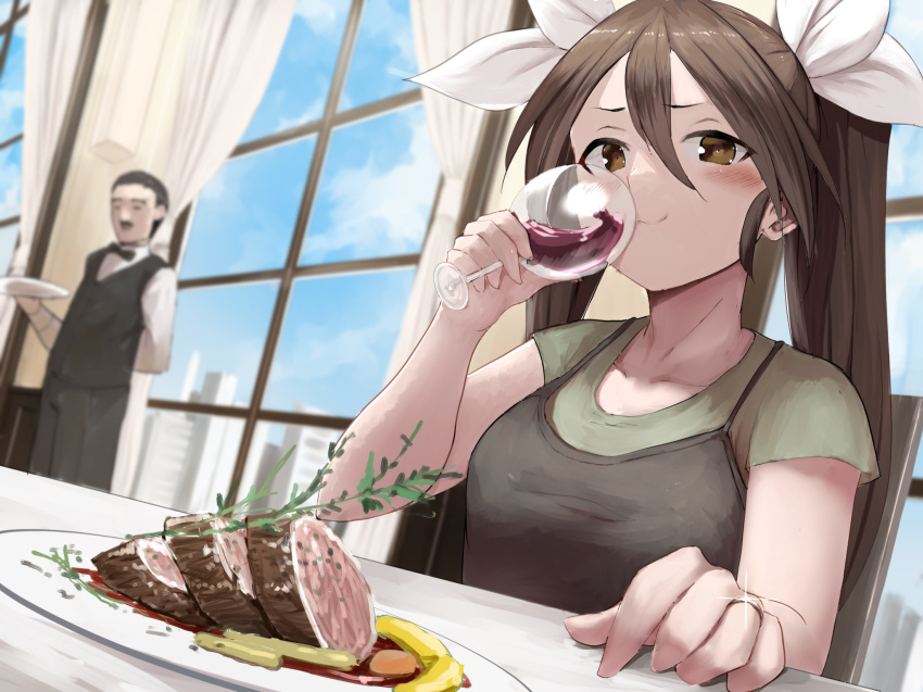 alcohol alternate_costume blue_sky brown_eyes brown_hair casual clouds commentary_request cup drinking drinking_glass dutch_angle food hair_between_eyes hair_ribbon highres honmakaina_kudou kantai_collection long_hair meat ribbon sky tone_(kancolle) twintails upper_body waiter window wine wine_glass