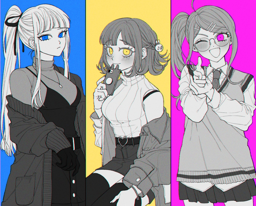 3girls ahoge akamatsu_kaede alternate_costume alternate_hair_ornament bangs bare_shoulders belt bespectacled blue_background blue_eyes blunt_bangs blush bong_(0u0bon) braid collared_shirt danganronpa:_trigger_happy_havoc danganronpa_(series) danganronpa_2:_goodbye_despair danganronpa_v3:_killing_harmony eyebrows_visible_through_hair finger_gun glasses gloves hair_ornament hair_ribbon hairclip hand_up hands_up heart highres holding holding_phone jacket kirigiri_kyouko long_sleeves miniskirt monomi_(danganronpa) multicolored_background multiple_girls nanami_chiaki necktie off_shoulder one_eye_closed phone pink_background pleated_skirt ponytail ribbon shirt skirt sweater thigh-highs zettai_ryouiki