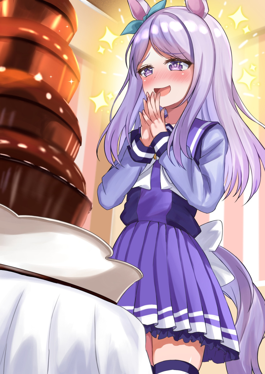 1girl animal_ears blush chocolate_fountain commentary cowboy_shot crouching_start dot_nose ear_bow hands_up highres horse_ears horse_girl horse_tail long_hair long_sleeves mejiro_mcqueen_(umamusume) nose_blush open_mouth own_hands_together pleated_skirt purple_hair purple_shirt purple_skirt sailor_collar school_uniform shirt skirt smile solo table tail thigh-highs tracen_school_uniform umamusume violet_eyes