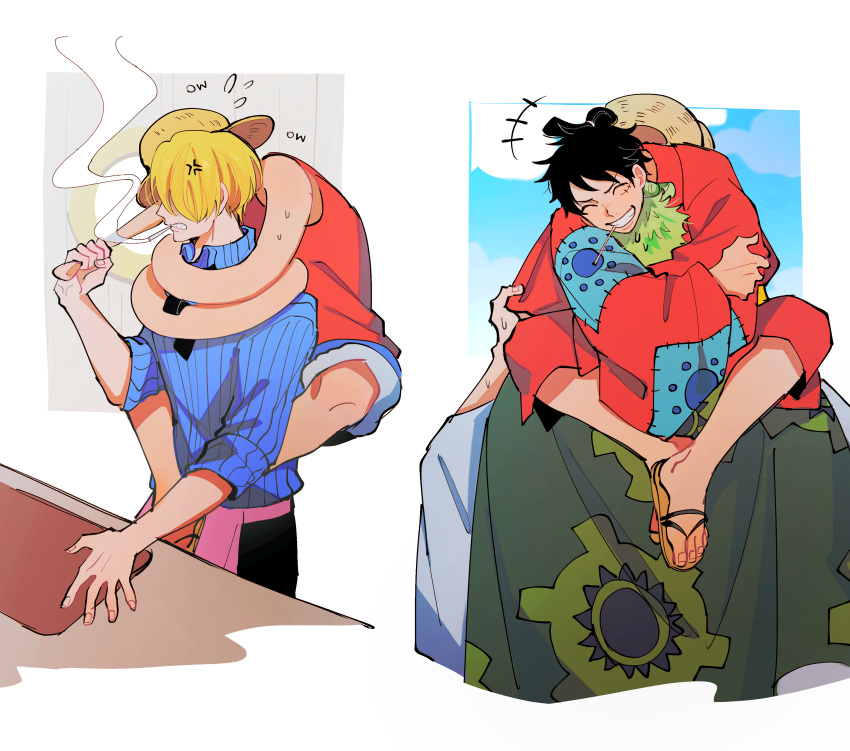 3boys ^_^ ^o^ absurdres apron black_hair blonde_hair cheek_pinching clenched_teeth closed_eyes green_hair grin highres hug japanese_clothes male_focus monkey_d._luffy multiple_boys one_piece oratoza pinching roronoa_zoro sanji sleeves_rolled_up smile smoking teeth topknot