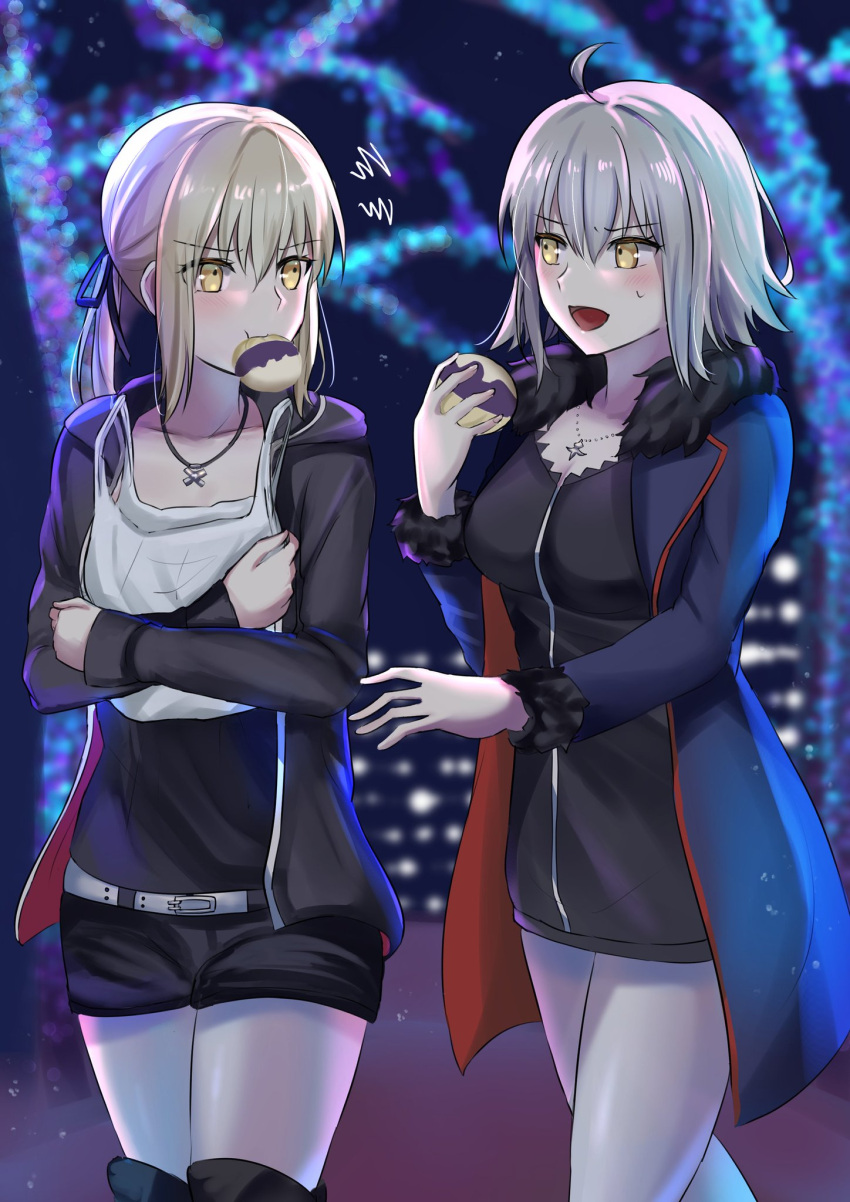 2girls artoria_pendragon_(fate) bangs bare_legs belt blush boots breasts collarbone eating eyebrows_behind_hair eyebrows_visible_through_hair fate/grand_order fate/stay_night fate_(series) food grey_hair hair_ribbon highres holding holding_food jacket jeanne_d'arc_(alter)_(fate) jeanne_d'arc_(fate) jet_black_king_of_knights_ver._shinjuku_1999 long_hair looking_at_another mouth_hold multiple_girls neck night night_sky open_mouth ponytail ribbon saber_alter shirt short_hair shorts sii_artatm silver_hair skirt sky smile wicked_dragon_witch_ver._shinjuku_1999 yellow_eyes