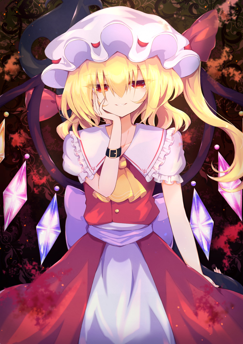 1girl ascot bangs belt blonde_hair bow brown_background buttons closed_mouth collar collared_dress crystal dress eyebrows_visible_through_hair eyes_visible_through_hair flandre_scarlet gradient gradient_background hair_between_eyes hand_on_own_face hand_up hat hat_ribbon highres jewelry looking_at_viewer mob_cap multicolored_wings one_side_up orange_background polearm puffy_short_sleeves puffy_sleeves red_background red_dress red_eyes red_ribbon red_vest ribbon short_hair short_sleeves smile solo spear standing teeth tomoe_(fdhs5855) touhou vest weapon white_belt white_bow white_dress white_headwear white_sleeves wings wristband yellow_ascot yellow_background