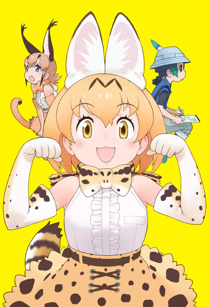1boy 2girls :d :o animal_ears animal_print backpack bag belt black_shirt blonde_hair blue_eyes blue_footwear blue_vest bow bowtie caracal_(kemono_friends) caracal_ears dot_nose drawing green_hair happy hat hat_feather highres kemono_friends kemono_friends_2 kyururu_(kemono_friends) leaning_forward looking_at_viewer multicolored_hair multiple_girls official_art open_mouth orange_bow orange_bowtie orange_hair orange_skirt ponytail poster_(object) print_bow print_bowtie serval_(kemono_friends) serval_print shirt sitting sketchbook skirt sleeveless sleeveless_shirt smile tail third-party_edit vest white_shirt yellow_background yellow_bow yellow_bowtie yellow_eyes yoshizaki_mine