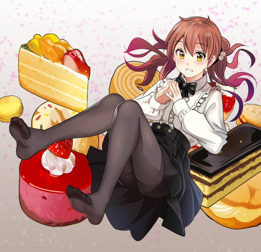 1girl black_legwear black_skirt bow bowtie breasts brown_hair cake cake_slice feet food fruit highres legs long_hair long_sleeves looking_at_viewer necktie original pantyhose pastry pleated_skirt shirt skirt smile soles solo strawberry thigh-highs yellow_eyes yewang19