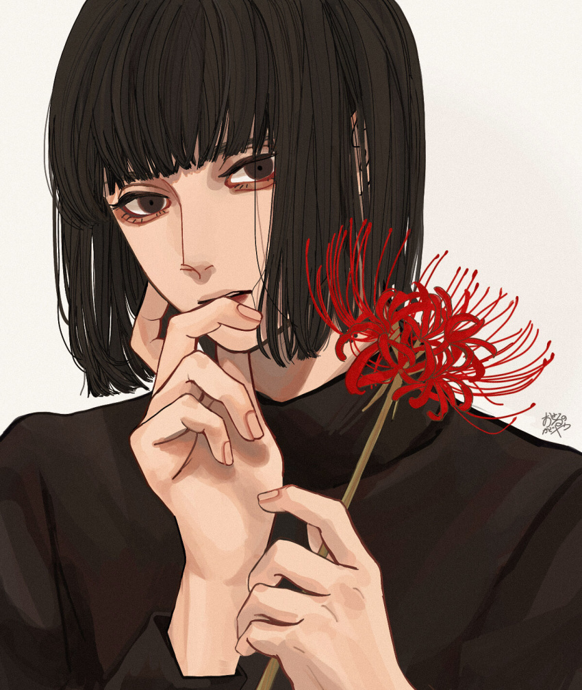 1boy bangs bishounen blunt_bangs bob_cut brown_eyes brown_hair brown_sweater finger_to_mouth fingernails flower hand_on_own_chin highres holding holding_flower kagoya1219 long_sleeves looking_at_viewer medium_hair original parted_lips red_flower signature simple_background solo spider_lily straight_hair sweater turtleneck turtleneck_sweater upper_body white_background