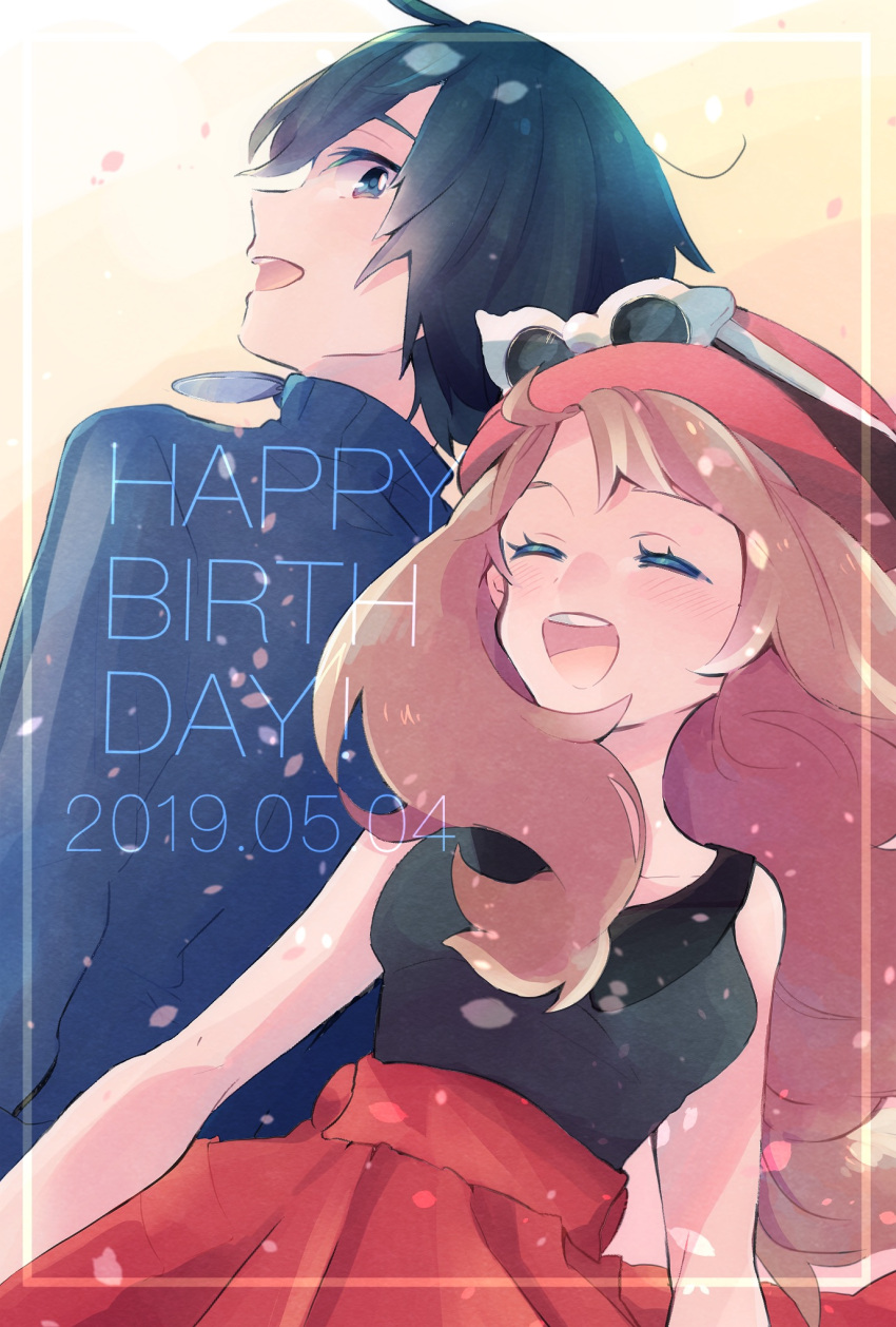 1boy 1girl :d bangs bare_arms black_hair black_shirt blue_jacket blush brown_hair calem_(pokemon) closed_eyes collared_shirt commentary_request dated eyelashes eyewear_on_headwear grey_eyes happy_birthday hat highres jacket long_hair looking_back misha_(ohds101) open_mouth pokemon pokemon_(game) pokemon_xy red_skirt serena_(pokemon) shirt short_hair skirt sleeveless sleeveless_shirt smile sunglasses teeth tongue upper_teeth zipper_pull_tab