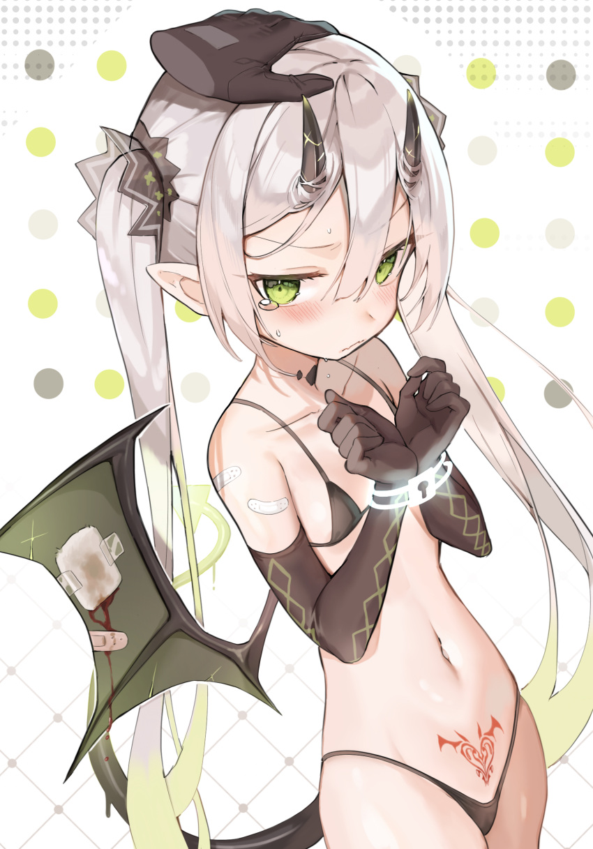 1girl bandaid bandaid_on_arm bangs bare_shoulders bikini black_bikini black_ribbon blush bound bound_wrists brown_gloves closed_mouth collarbone commentary_request cotama demon_girl demon_horns demon_tail demon_wings disembodied_limb eyebrows_visible_through_hair flat_chest gloves gradient_hair green_eyes green_hair hair_between_eyes hair_ribbon headpat highres horns lock long_hair looking_at_viewer multicolored_hair navel original pubic_tattoo ribbon silver_hair solo_focus stomach string_bikini swimsuit tail tattoo tearing_up twintails very_long_hair wings