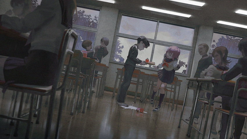 4girls 5boys bangs black_eyes black_hair blouse blunt_bangs bowl_cut brown_hair bullying ceiling_light classroom closed_mouth commentary_request desk dutch_angle emi_(mob_psycho_100) extra gakuran highres holding indoors kageyama_shigeo laughing long_sleeves looking_at_another meipu_hm milk mob_psycho_100 multiple_boys multiple_girls pleated_skirt school_uniform short_hair sitting skirt smile spilled_milk standing tile_floor tiles tray white_blouse window