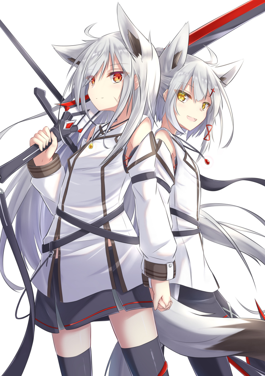 2girls absurdres ahoge animal_ears bangs black_skirt breasts commentary_request detached_sleeves eyebrows_visible_through_hair fox_ears fox_girl fox_tail hair_between_eyes hair_ornament highres holding holding_hands holding_sword holding_weapon jewelry long_hair long_sleeves looking_at_viewer multiple_girls necklace open_mouth original red_eyes scar scar_on_face shirt sidelocks simple_background skirt small_breasts smile swept_bangs sword tail thigh-highs weapon white_background white_hair white_shirt yellow_eyes yukishiro_haku zettai_ryouiki
