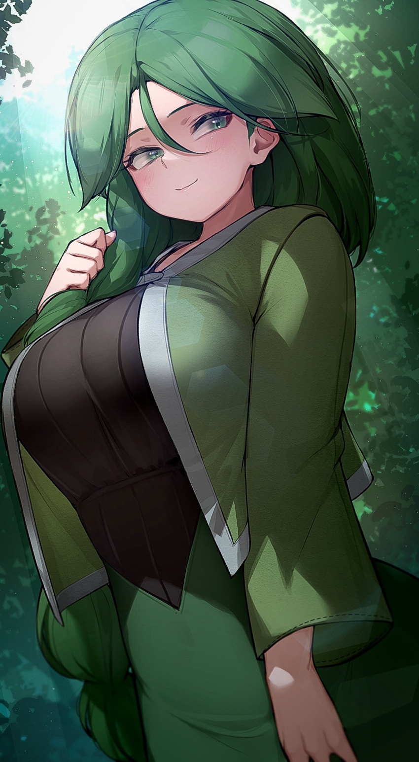 1girl black_shirt blush braid braided_ponytail breasts cheryl_(pokemon) closed_mouth day forest green_eyes green_hair green_jacket green_skirt highres jacket kashu_(hizake) large_breasts long_hair mature_female momi_(pokemon) nature outdoors pokemon pokemon_(game) pokemon_dppt shirt skirt smile solo symbol-only_commentary tree very_long_hair