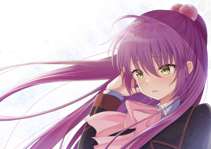 1girl absurdres ahoge bangs black_jacket bow bowtie collared_shirt crying crying_with_eyes_open eyebrows_visible_through_hair floating_hair futaki_kanata hair_between_eyes hair_bobbles hair_ornament hand_in_hair highres jacket little_busters! long_hair open_mouth pink_bow pink_bowtie ponytail purple_hair rgrey00 school_uniform shiny shiny_hair shirt solo tears upper_body very_long_hair white_background white_shirt wing_collar yellow_eyes