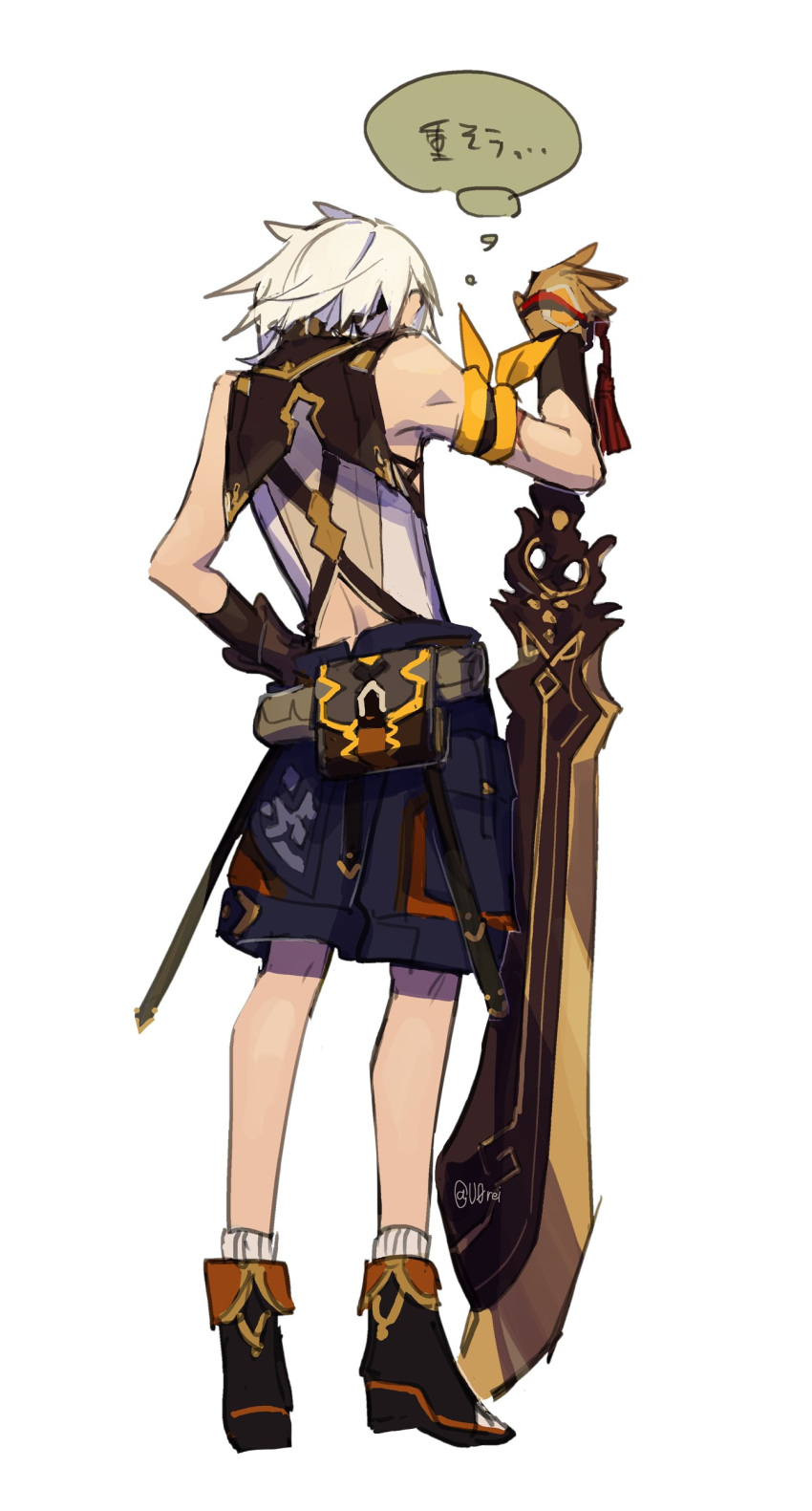 1boy absurdres arm_scarf belt belt_pouch bennett_(genshin_impact) blue_shorts boots from_behind full_body genshin_impact gloves greatsword highres holding holding_sword holding_weapon male_focus pouch shorts simple_background sleeveless socks solo standing sword translation_request twitter_username u0rei weapon white_background white_hair white_legwear