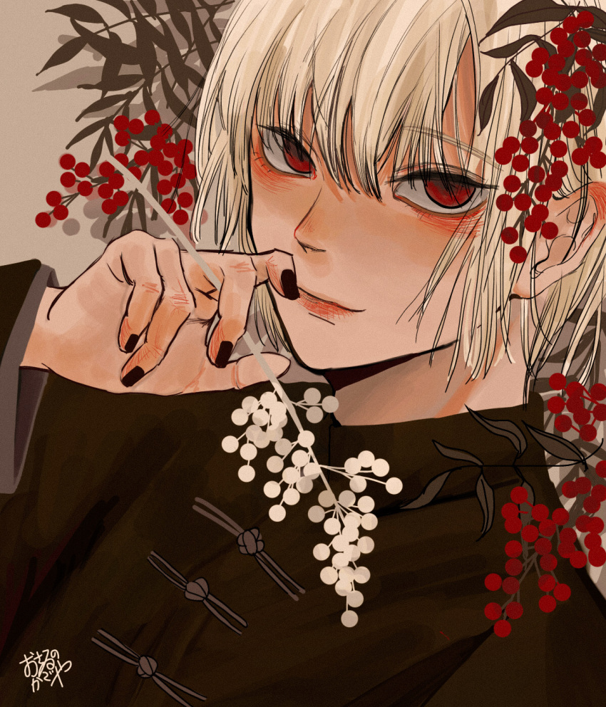 1boy bangs berry bishounen black_nails blonde_hair branch brown_background brown_jacket chinese_clothes commentary eyebrows_visible_through_hair finger_to_mouth hair_between_eyes highres holding holding_branch jacket kagoya1219 leaf long_sleeves looking_at_viewer male_focus nail_polish original red_eyes sanpaku signature smile solo tangzhuang upper_body white_hair
