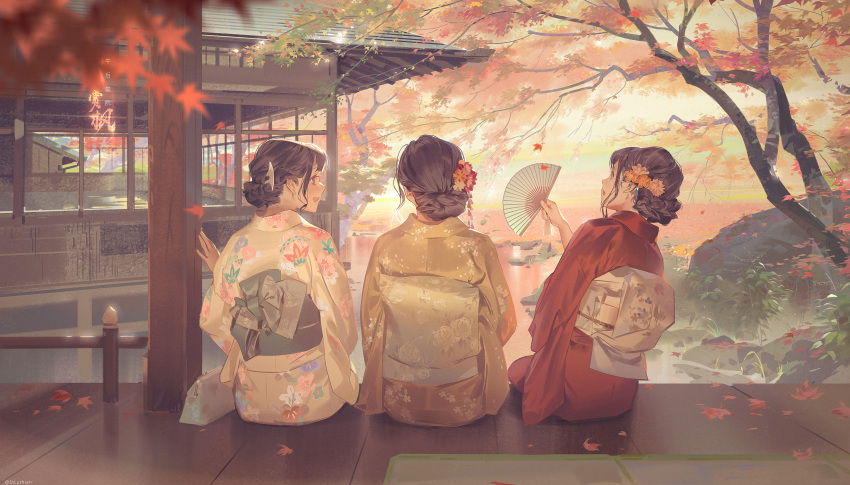 3girls :d absurdres architecture autumn autumn_leaves bag blurry carpet comb commentary_request day depth_of_field east_asian_architecture facing_away falling_leaves flower folding_fan from_behind hair_bun hair_flower hair_ornament hand_fan hand_up handbag happy highres holding holding_fan japanese_clothes jinn_avalon kimono lake leaf long_sleeves looking_at_another looking_away looking_to_the_side looking_up maple_leaf multiple_girls obi orange_flower original profile railing red_kimono sash sitting smile talking tree veranda wooden_floor yellow_kimono
