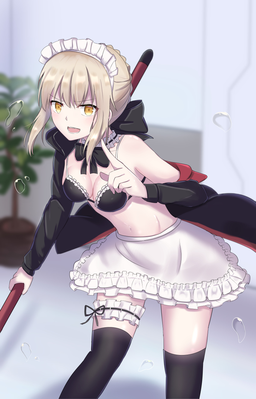 1girl absurdres apron artoria_pendragon_(alter_swimsuit_rider)_(fate) artoria_pendragon_(fate) bangs bare_shoulders bikini black_legwear blonde_hair blush breasts eyebrows_behind_hair eyebrows_visible_through_hair fate/grand_order fate_(series) hair_between_eyes highres holding holding_mop indoors leg_belt looking_at_viewer maid maid_apron maid_bikini maid_headdress mop open_mouth ribbon sii_artatm smile solo stomach swimsuit thigh-highs yellow_eyes