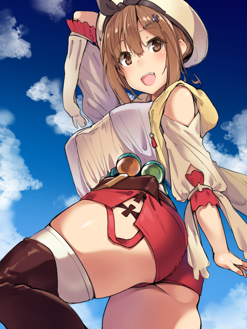 1girl ass atelier_(series) atelier_ryza bangs bare_shoulders beret black_ribbon blue_sky blush breasts brown_eyes brown_hair camisole flask hair_ornament hairclip hat highres jacket kuronyan large_breasts looking_back open_mouth red_shorts reisalin_stout ribbon round-bottom_flask short_hair short_shorts shorts sky sleeveless sleeveless_jacket smile solo thighs white_camisole white_headwear yellow_jacket