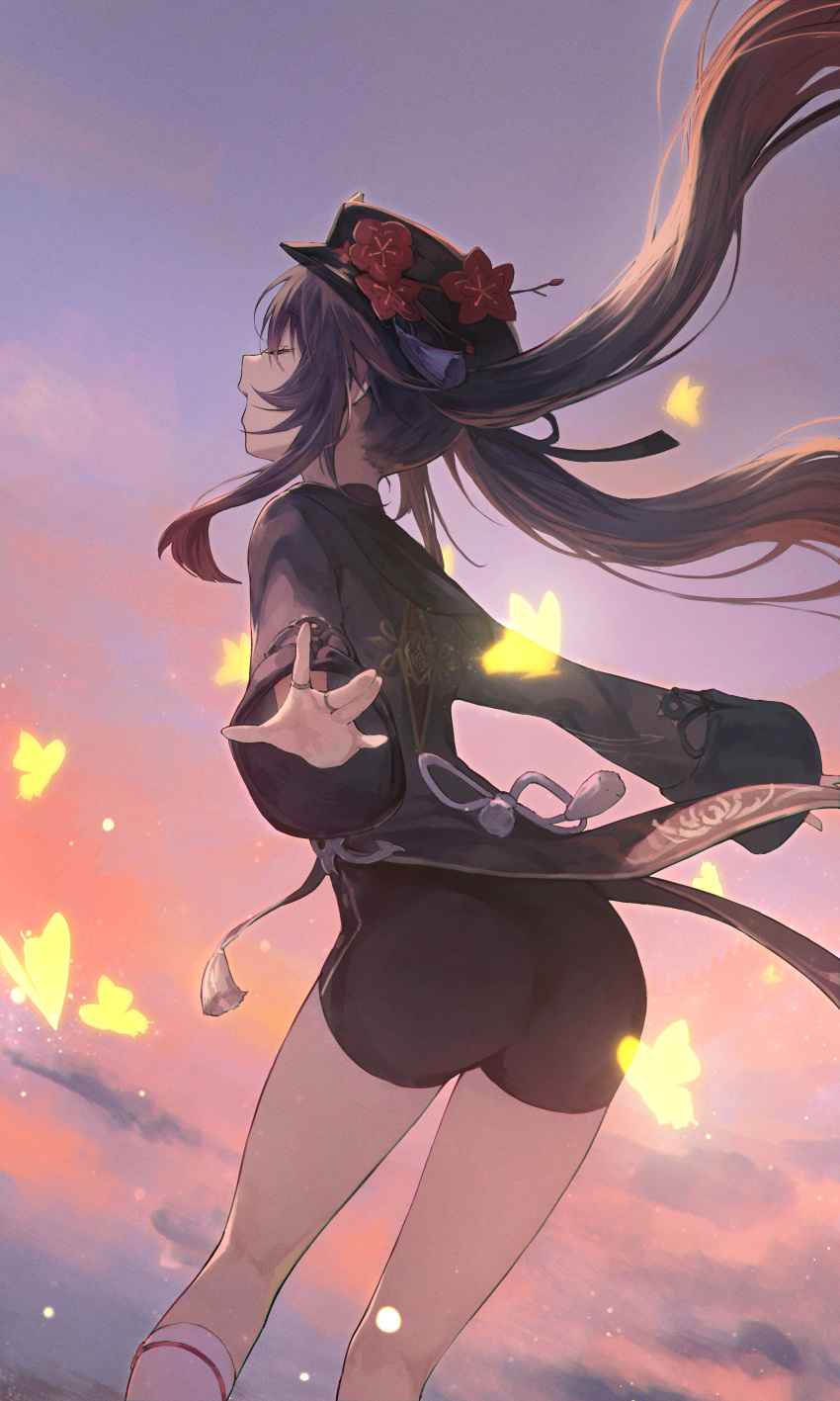 1girl absurdres ass back bangs black_coat black_headwear black_shorts breasts brown_hair bug butterfly closed_eyes coat coattails flower genshin_impact gradient_sky hat hat_flower highres hu_tao_(genshin_impact) long_hair long_sleeves open_mouth orange_sky plum_blossoms purple_sky shirataki_jiro shorts sky small_breasts solo thighs twilight twintails very_long_hair