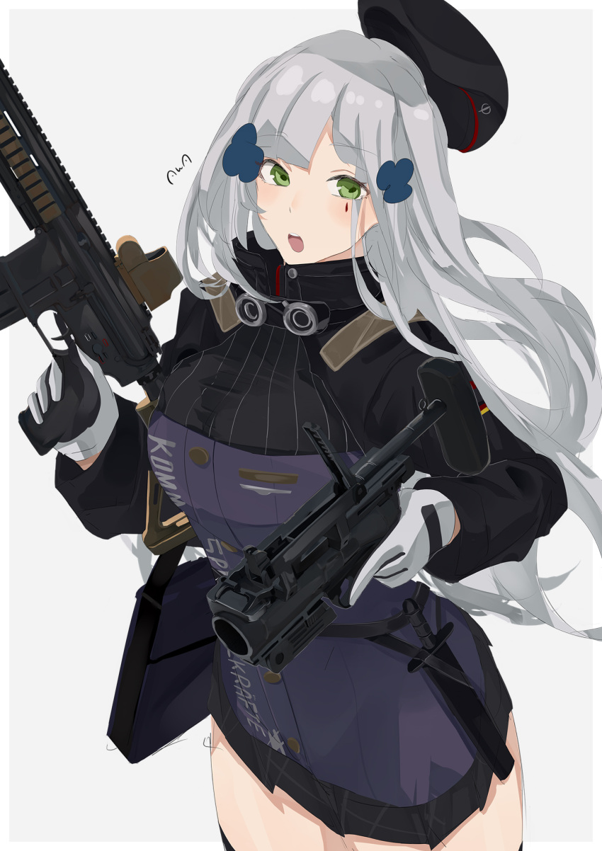 1girl :o artist_name assault_rifle bag bangs beret black_skirt breasts eyebrows_visible_through_hair feet_out_of_frame girls_frontline gloves green_eyes gun h&amp;k_hk416 hair_between_eyes hair_ornament hairclip hat highres hk416_(girls'_frontline) holding holding_bag holding_gun holding_weapon jacket knife_holster long_hair looking_at_viewer medium_breasts open_mouth rifle silver_hair skirt solo standing sutekina_awa tactical_clothes teardrop_facial_mark teardrop_tattoo weapon white_background white_gloves