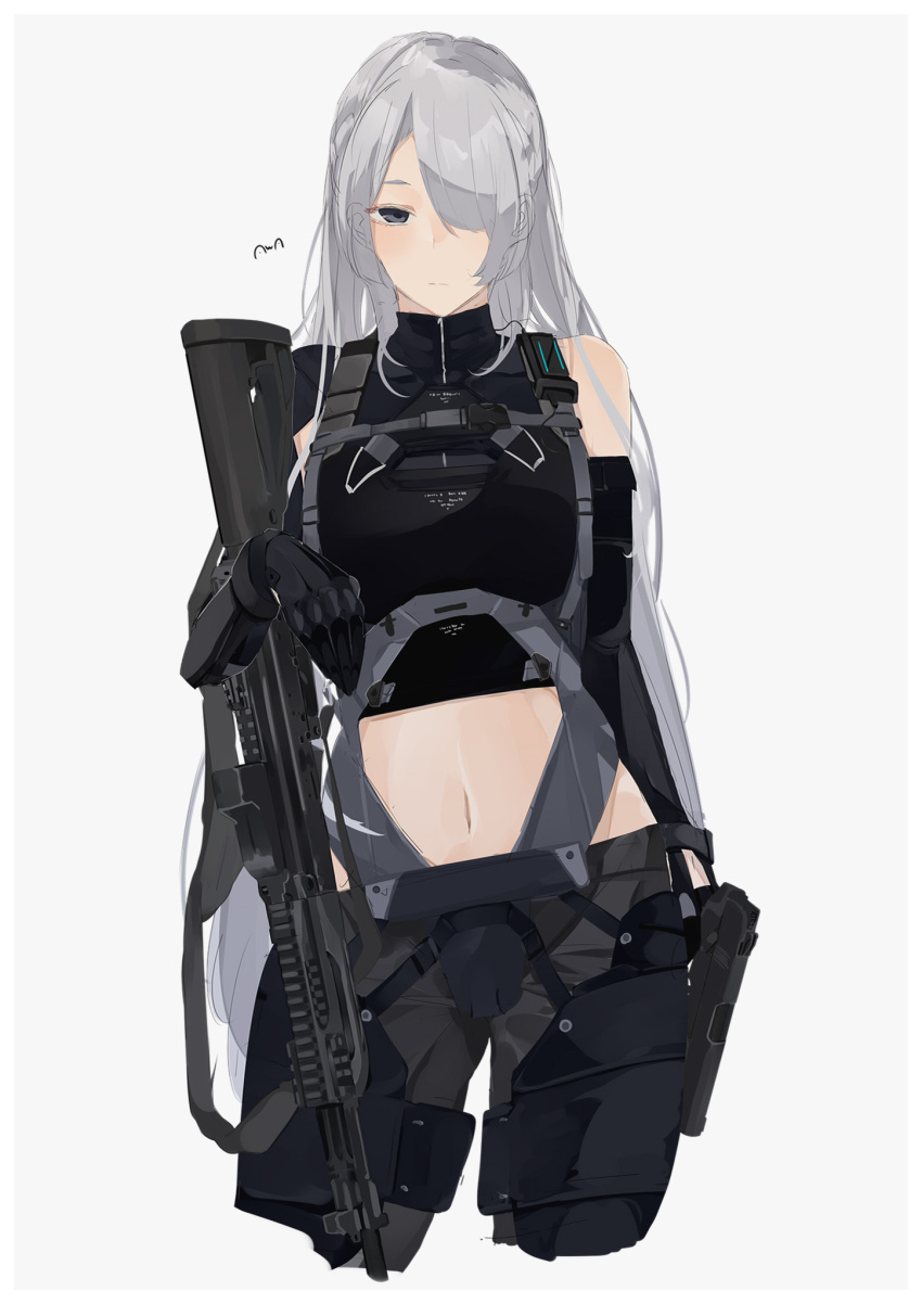 1girl ak-15 ak-15_(girls'_frontline) artist_name assault_rifle asymmetrical_gloves bangs blue_eyes braid breasts closed_mouth elbow_gloves eyebrows_visible_through_hair feet_out_of_frame girls_frontline gloves gun hair_between_eyes hair_over_one_eye handgun highres holding holding_gun holding_weapon kalashnikov_rifle long_hair looking_at_viewer navel one_eye_covered rifle silver_hair solo standing stomach sutekina_awa tactical_clothes weapon white_background