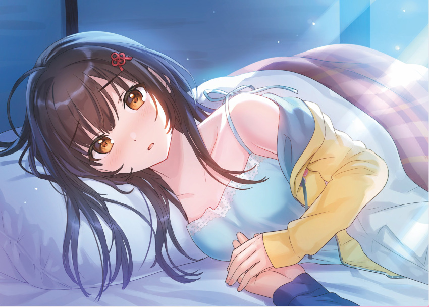 "rouhou"_ore_no_iinazuke_ni_natta_jimiko_ie_dewa_kawaii_shikanai. 1boy 1girl ahoge bangs blanket blush breasts brown_eyes brown_hair chemise collarbone drawstring eyebrows_visible_through_hair futon hair_ornament highres indoors jacket long_hair long_sleeves looking_at_viewer lying medium_breasts nose_blush novel_illustration off_shoulder official_art on_side open_clothes open_jacket out_of_frame parted_lips pillow sidelocks sleeves_past_wrists solo_focus straight_hair tan_(tangent) textless watanae_yuuka yellow_jacket