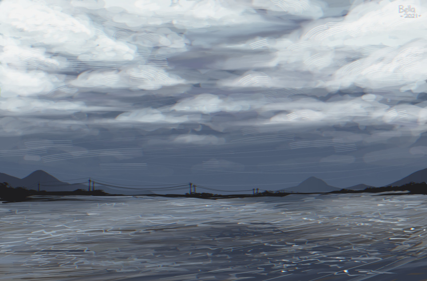 beach bellavoirr chromatic_aberration clouds cloudy_sky commentary day english_commentary grey_sky grey_theme highres monochrome mountainous_horizon no_humans ocean original outdoors power_lines scenery sketch sky water