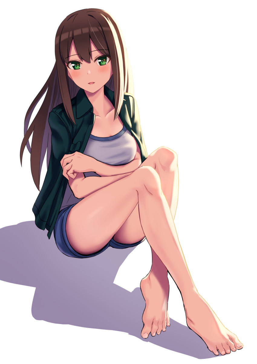 1girl bangs bare_legs barefoot blue_shorts blush breasts brown_hair collarbone collared_shirt crossed_arms dress_shirt eyebrows_visible_through_hair full_body green_eyes green_shirt grey_shirt hair_between_eyes highres idolmaster idolmaster_cinderella_girls long_hair looking_at_viewer medium_breasts ntn00a open_clothes open_mouth open_shirt shibuya_rin shiny shiny_hair shirt short_shorts shorts simple_background sitting solo straight_hair very_long_hair white_background wing_collar
