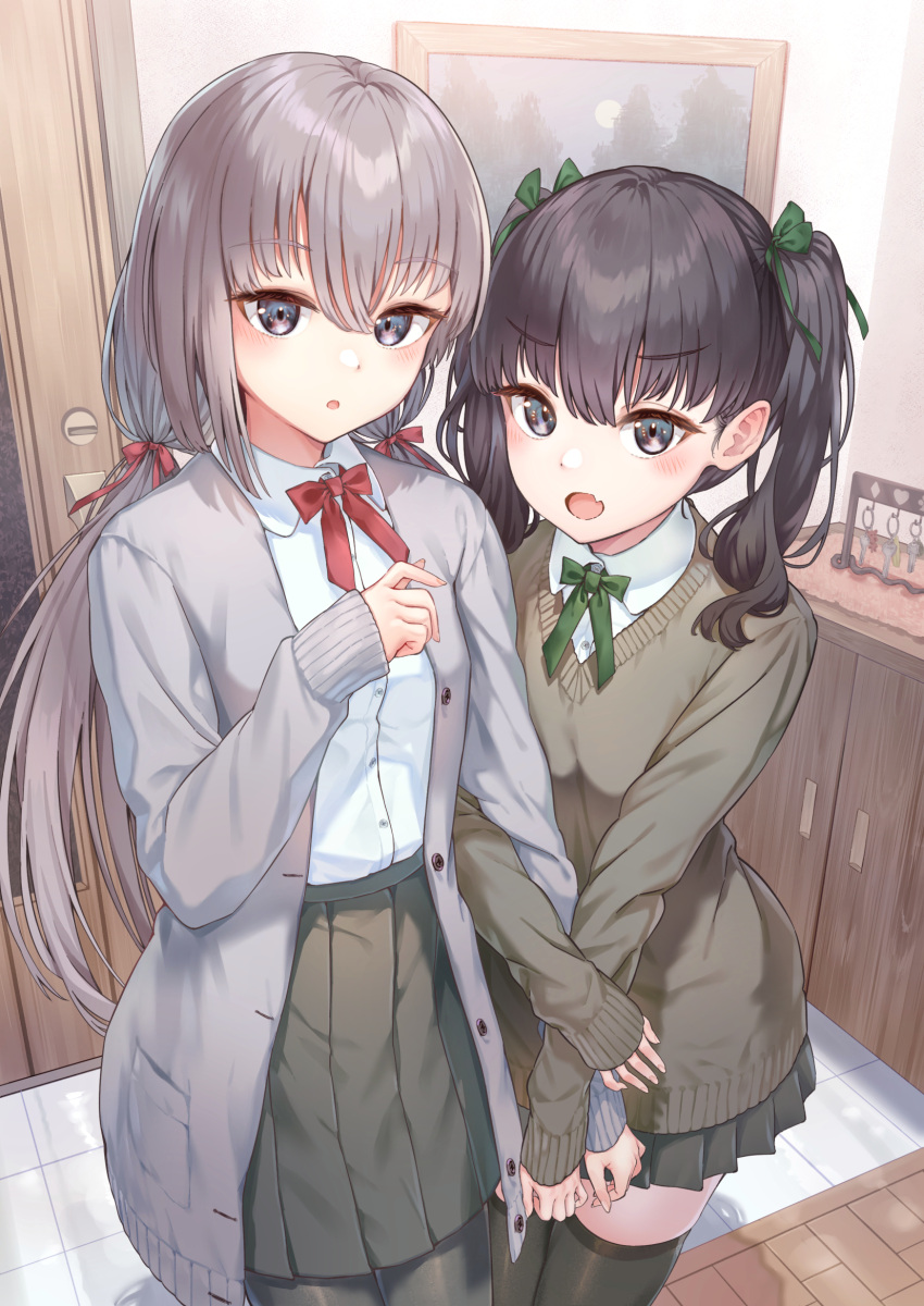 2girls bangs black_eyes black_hair black_legwear cardigan collared_shirt commentary_request eyebrows_visible_through_hair fang green_cardigan green_ribbon green_skirt grey_hair hair_between_eyes hair_ribbon highres indoors long_sleeves low_twintails multiple_girls namikishiho neck_ribbon open_cardigan open_clothes open_mouth original pleated_skirt red_ribbon ribbon school_uniform shirt shirt_tug skin_fang skirt sleeves_past_wrists thigh-highs twintails white_shirt