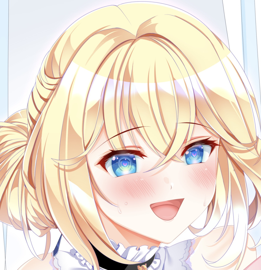 1girl azur_lane bare_shoulders blonde_hair blue_eyes blush commission eyebrows_visible_through_hair hair_between_eyes heart heart-shaped_pupils highres jeanne_d'arc_(azur_lane) long_hair looking_at_viewer open_mouth origami_aya portrait skeb_commission solo symbol-shaped_pupils