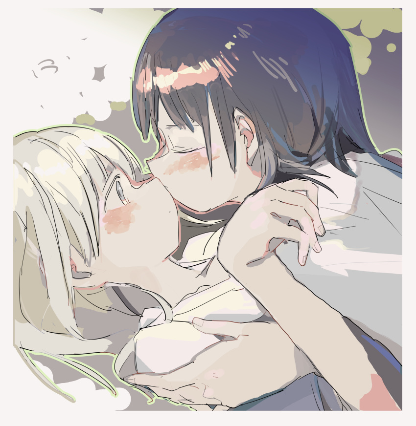 2girls absurdres black_hair blush closed_eyes girl_on_top hand_on_another's_shoulder highres kiss lying medium_hair multiple_girls on_back original profile roisa short_hair sketch upper_body white_hair yuri