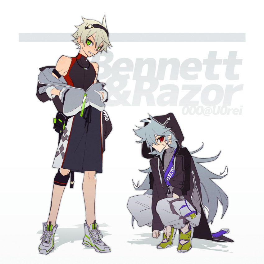 2boys absurdres alternate_costume background_text bangs bennett_(genshin_impact) black_jacket character_name closed_mouth ear_piercing genshin_impact green_eyes grey_hair grey_jacket grin hair_between_eyes hairband hands_in_pockets highres hood hood_up hooded_jacket jacket long_hair long_sleeves male_focus multiple_boys off_shoulder pants piercing razor_(genshin_impact) red_eyes scar scar_on_face shoes shorts simple_background sleeveless smile sneakers squatting standing symbol-only_commentary tiptoes twitter_username two-tone_background u0rei very_long_hair