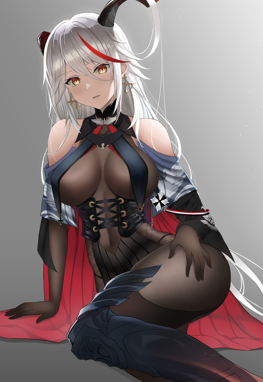 1girl absurdly_long_hair absurdres aegir_(azur_lane) armored_boots azur_lane bare_shoulders black_cape black_footwear black_legwear bodystocking boots breast_curtains breasts brown_gloves cape cross cross-laced_clothes cross_earrings demon_horns earrings eroge-_(artist) gloves gradient gradient_background grey_background hair_between_eyes hair_on_horn highres horns impossible_clothes iron_cross jewelry knee_boots large_breasts long_hair looking_at_viewer multicolored_hair redhead simple_background single_knee_boot solo streaked_hair underbust very_long_hair white_hair yellow_eyes