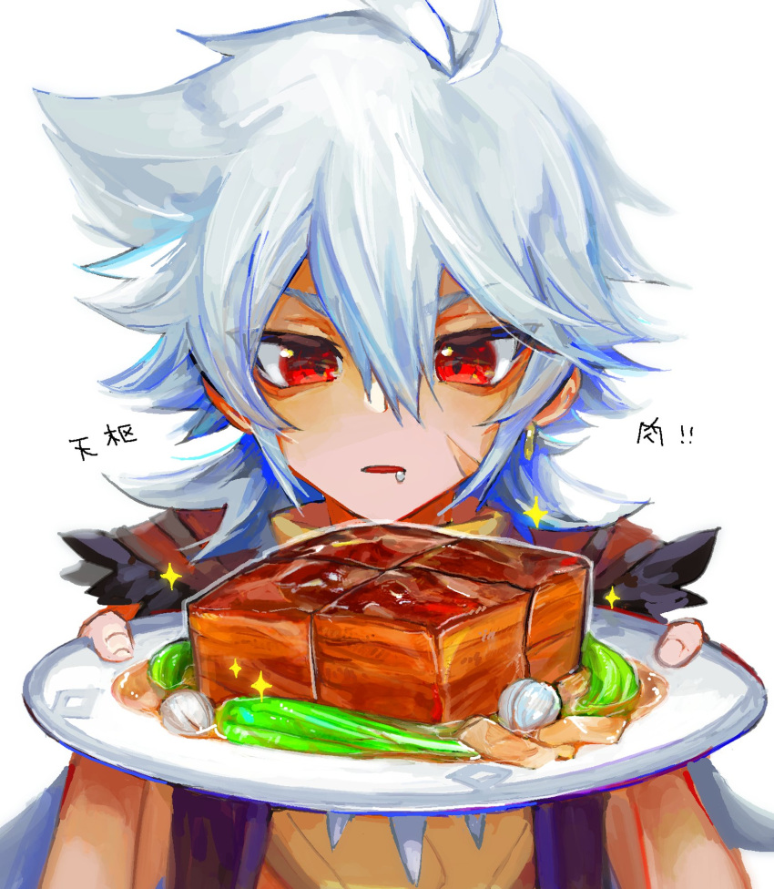 1boy bangs ear_piercing food genshin_impact hair_between_eyes highres holding holding_plate long_hair looking_at_food male_focus meat parted_lips piercing plate razor_(genshin_impact) red_eyes saliva scar scar_on_face simple_background solo sparkle tianshu_meat_(genshin_impact) translation_request u0rei upper_body white_background white_hair