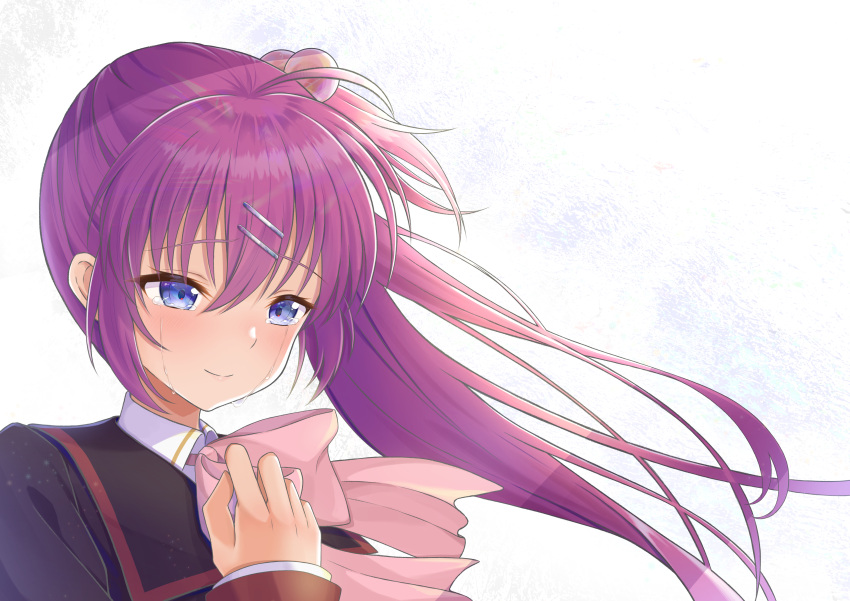 1girl absurdres ahoge bangs black_jacket blue_eyes bow bowtie closed_mouth collared_shirt crying crying_with_eyes_open eyebrows_visible_through_hair floating_hair hair_between_eyes hair_bobbles hair_ornament hairclip highres jacket little_busters! long_hair long_sleeves pink_bow pink_bowtie purple_hair rgrey00 saigusa_haruka school_uniform shiny shiny_hair shirt side_ponytail smile solo tears upper_body very_long_hair white_background white_shirt wing_collar
