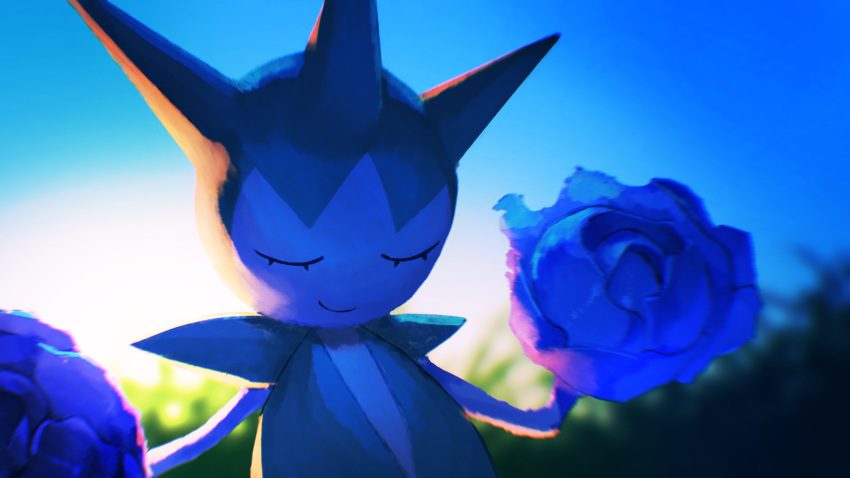 absurdres blue_flower closed_eyes closed_mouth commentary day eyelashes flower higa-tsubasa highres no_humans outdoors pokemon pokemon_(creature) roselia sky smile solo