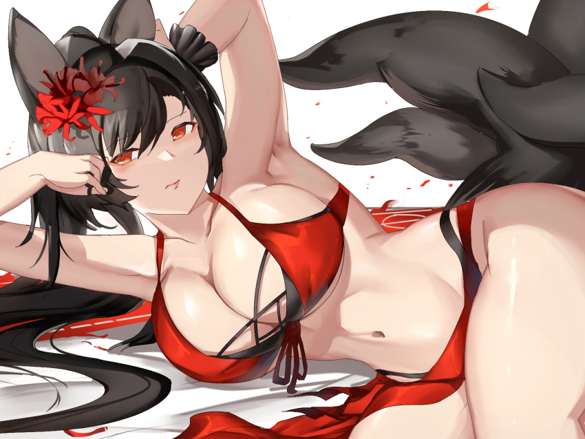 1girl akagi_(azur_lane) akagi_(paradise_amaryllis)_(azur_lane) animal_ears arm_behind_head armpits azur_lane bikini black_hair black_tail breasts flower fox_ears fox_tail hair_flower hair_ornament highres huge_breasts kitsune kyuubi long_hair looking_at_viewer lying multiple_tails official_alternate_costume on_side penggan presenting_armpit red_bikini red_eyes red_flower red_sarong sarong scrunchie solo spider_lily swimsuit tail thighs wrist_scrunchie