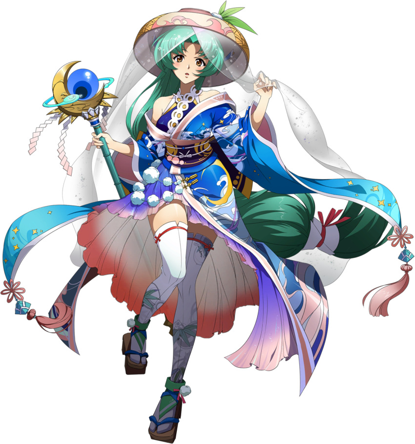 1girl absurdly_long_hair aqua_hair blue_kimono blush brown_eyes floating_hair full_body gradient_skirt hair_intakes highres holding holding_staff japanese_clothes kimono langrisser langrisser_iv long_hair long_sleeves looking_at_viewer official_art open_mouth schelfaniel_(langrisser) shiny shiny_skin solo staff standing standing_on_one_leg tabi thigh-highs transparent_background very_long_hair white_legwear wide_sleeves