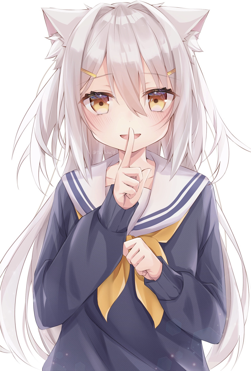1girl :d animal_ear_fluff animal_ears black_shirt blush brown_eyes cat_ears commentary_request finger_to_mouth grey_hair hair_intakes hair_ornament hairclip hand_up highres long_sleeves looking_at_viewer neckerchief one_side_up original ringouulu sailor_collar school_uniform serafuku shirt shushing simple_background sleeves_past_wrists smile solo white_background white_sailor_collar yellow_neckwear