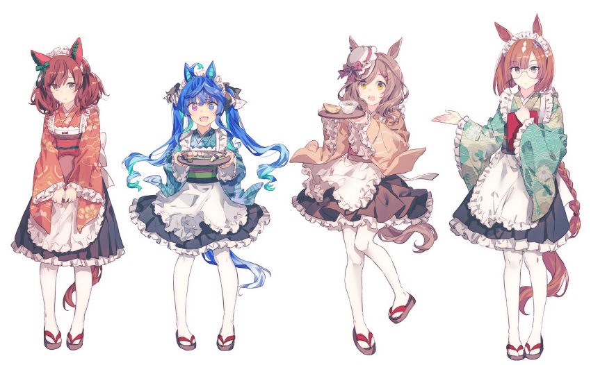 4girls ahoge animal_ears apron blue_eyes blue_hair brown_hair closed_mouth food glasses gocoli hat heterochromia highres horse_ears horse_girl horse_tail ikuno_dictus_(umamusume) maid maid_apron maid_headdress matikane_tannhauser_(umamusume) multiple_girls nice_nature_(umamusume) open_mouth plate red_eyes redhead sharp_teeth simple_background sushi tail teeth twin_turbo_(umamusume) twintails umamusume white_background white_legwear zouri