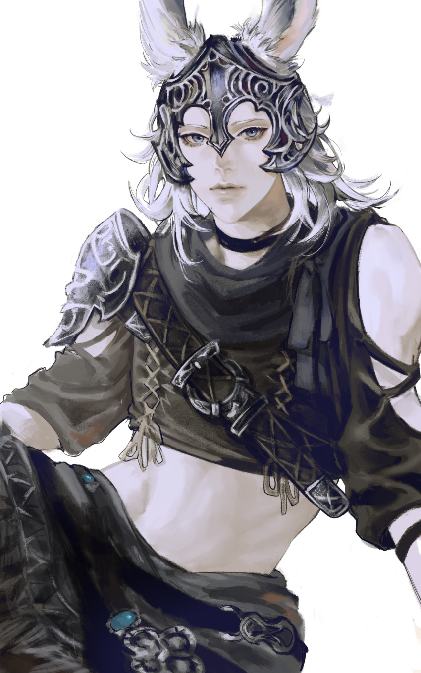 1boy absurdres androgynous animal_ears armor avatar_(ffxiv) bare_shoulders bishounen blue_eyes choker closed_mouth clothing_cutout cropped_shirt ears_through_headwear final_fantasy final_fantasy_xiv grey_hair helmet highres lips long_hair looking_at_viewer male_focus midriff pale_skin rabbit_ears shoulder_armor shoulder_cutout simple_background sitting solo stomach tenderina_123 viera yellow_background