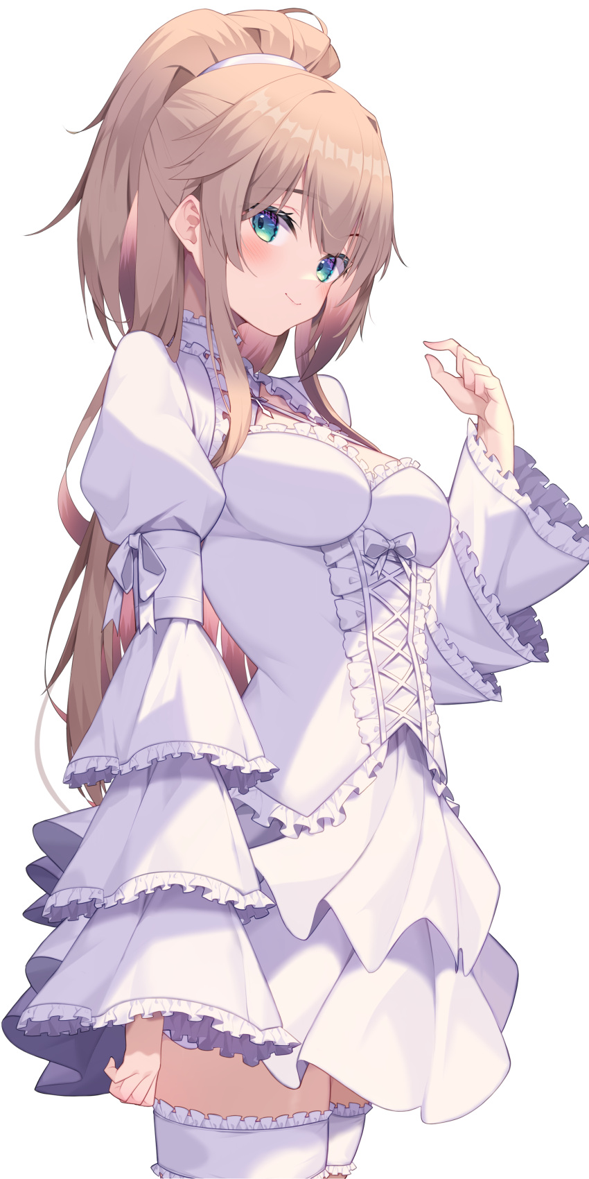 1girl absurdres blue_eyes blush breasts brown_hair closed_mouth commission cross-laced_clothes frilled_sleeves frills garters high_ponytail highres juliet_sleeves jun_(aousa0328) long_hair long_sleeves looking_at_viewer medium_breasts miniskirt phantasy_star phantasy_star_online_2 puffy_sleeves shirt simple_background skeb_commission skirt skirt_set smile solo underbust white_background white_shirt white_skirt wide_sleeves