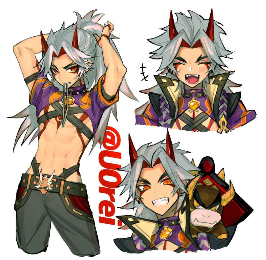 1boy absurdres adjusting_hair alternate_hairstyle animal arataki_itto arms_up belt blush bodypaint closed_eyes cow ear_piercing facepaint fangs genshin_impact grin highres horns long_hair male_focus mouth_hold multicolored_hair multiple_views orange_eyes pants piercing ponytail redhead short_sleeves simple_background smile symbol-only_commentary thick_eyebrows twitter_username u0rei vision_(genshin_impact) white_background